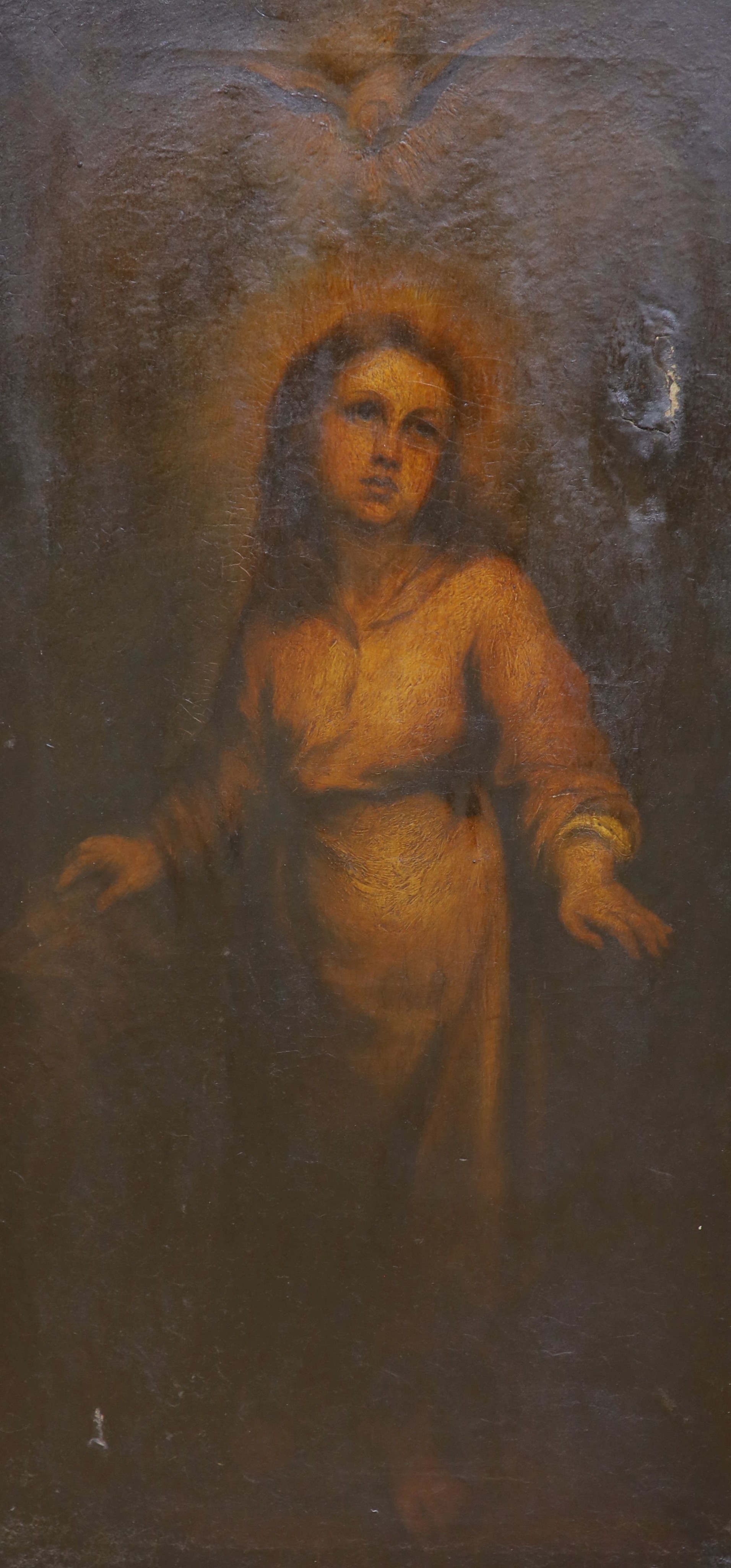 19th century English school, oil on canvas, The Annunciation, 112 x 56 cm, unframed.